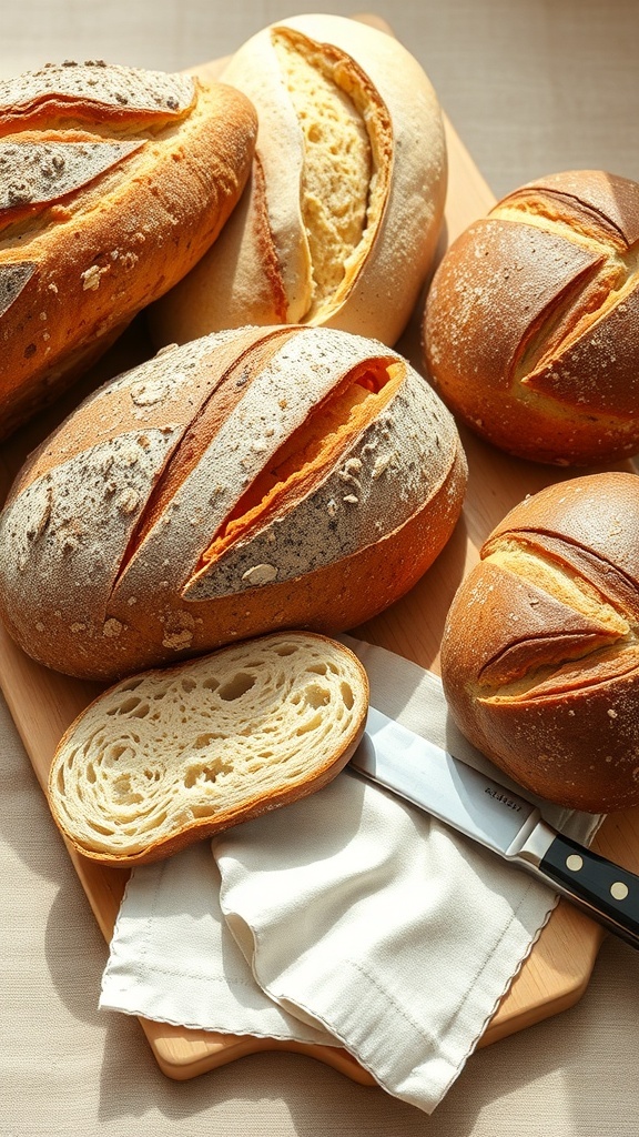 An artistic display of freshly baked bread on a wooden board with natural light highlighting its textures.